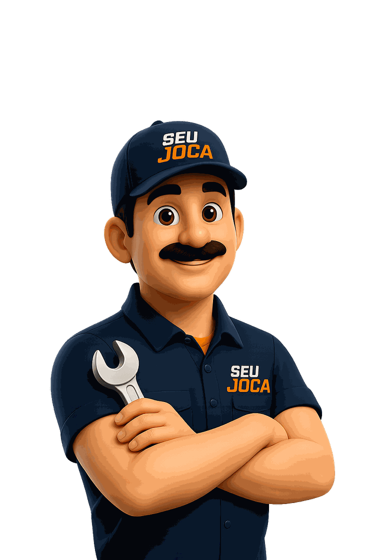 Joca, mascote do Seu Joca, de braços cruzados segurando uma chave de boca.